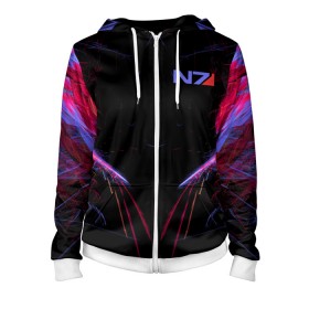 Женская толстовка 3D на молнии с принтом N7 | Neon Style в городе Новоалтайск, 100% полиэстер | длина до линии бедра, манжеты и пояс оформлены мягкой тканевой резинкой, двухслойный капюшон со шнурком для регулировки, спереди молния, по бокам два кармана | bioware | n7 | shepard | бронька | броня | жнецы | защита | костюм | масс эффект | н7 | неон | полосы | стальная броня | форма | шепард