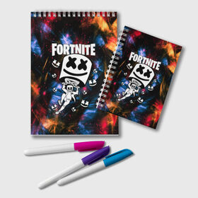 Блокнот с принтом FORTNITE x MARSHMELLO в городе Новоалтайск, 100% бумага | 48 листов, плотность листов — 60 г/м2, плотность картонной обложки — 250 г/м2. Листы скреплены удобной пружинной спиралью. Цвет линий — светло-серый
 | Тематика изображения на принте: deadmau5 | fortnite | fortnite 2 | fortnite x маршмелло | ikonik | marshmello | ninja | ninja streamer | raven | travis scott | ворон | иконик | ниндзя | пили | рейвен | трэвис скотт | фортнайт