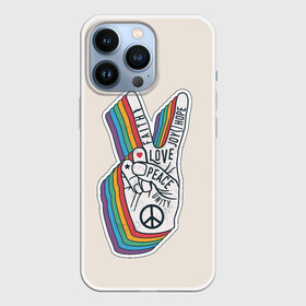 Чехол для iPhone 13 Pro с принтом PEACE and LOVE | МИР и ЛЮБОВЬ (Z) в городе Новоалтайск,  |  | hope | love | peace | два пальца | жесть | знак | любить | любовь | мир | радуга | хипи | хиппи