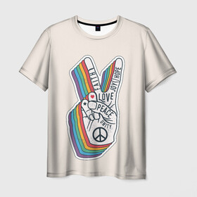 Мужская футболка 3D с принтом PEACE and LOVE (Z) в городе Новоалтайск, 100% полиэфир | прямой крой, круглый вырез горловины, длина до линии бедер | hope | love | peace | два пальца | жесть | знак | любить | любовь | мир | радуга | хипи | хиппи