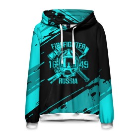 Мужская толстовка 3D с принтом FIREFIGHTER 1649 RUSSIA в городе Новоалтайск, 100% полиэстер | двухслойный капюшон со шнурком для регулировки, мягкие манжеты на рукавах и по низу толстовки, спереди карман-кенгуру с мягким внутренним слоем. | 112 | firefighter | багор | бирюзовая | герб | гкчс | голубая | знак | лого | логотип | мчс | мчсник | пожарная охрана | пожарник | пожарный | пч | россии | рф | серая | символ | синяя | служба | спасатель