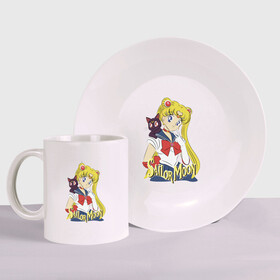 Набор: тарелка + кружка с принтом Sailor Moon & Luna в городе Новоалтайск, керамика | Кружка: объем — 330 мл, диаметр — 80 мм. Принт наносится на бока кружки, можно сделать два разных изображения. 
Тарелка: диаметр - 210 мм, диаметр для нанесения принта - 120 мм. | cat | girl | kitty | luna | moon | sailor moon | sailormoon | девочка | кот | котик | котэ | кошка | луна | мультяшка | сейлормун | сэйлор мун