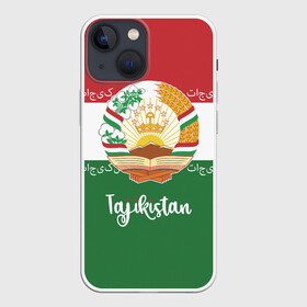 Чехол для iPhone 13 mini с принтом Таджикистан в городе Новоалтайск,  |  | asia | coat of arms | crown | emblem | flag | ornament | patterns | republic of tajikistan | stars | state | азия | герб | государство | звезды | корона | орнамент | республика | таджикистан | узоры | флаг | эмблема