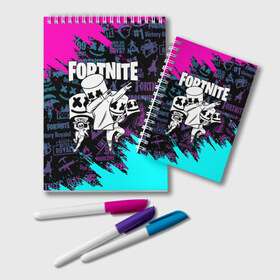Блокнот с принтом FORTNITE x MARSHMELLO в городе Новоалтайск, 100% бумага | 48 листов, плотность листов — 60 г/м2, плотность картонной обложки — 250 г/м2. Листы скреплены удобной пружинной спиралью. Цвет линий — светло-серый
 | Тематика изображения на принте: deadmau5 | fortnite | fortnite 2 | fortnite x маршмелло | ikonik | marshmello | ninja | ninja streamer | raven | travis scott | ворон | иконик | ниндзя | пили | рейвен | трэвис скотт | фортнайт