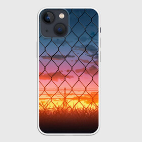 Чехол для iPhone 13 mini с принтом Закат сквозь сетку необычно в городе Новоалтайск,  |  | аниме | город | закат | индустриальный | необычно | пейзаж | рисунок | сетка