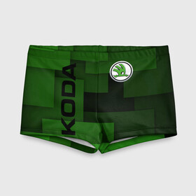 Детские купальные плавки 3D с принтом SKODA. в городе Новоалтайск, Полиэстер 85%, Спандекс 15% | Слитный крой, подклад по переду изделия, узкие бретели | Тематика изображения на принте: abstract | auto | brand | car | geometry | skoda | sport | texture | абстракция | авто | автомобильные | бренд | геометрия | классика | машины | модные | спорт | стиль | текстура | шкода