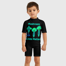 Детский купальный костюм 3D с принтом Mushroom Lives Matter в городе Новоалтайск, Полиэстер 85%, Спандекс 15% | застежка на молнии на спине | black lives matter | lives matter | гриб | грибнику | грибной | грибы | грибы лозунг | грибы монстры | грибы надпись | грибы неон | грибы прикол | грибы текст | злые грибы | неоновые грибы | сбор грибов