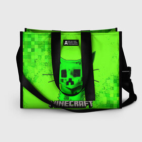 Сумка-шоппер 3D с принтом MINECRAFT CREEPER CAT в городе Новоалтайск, 100% полиэстер | застегивается на металлическую кнопку; внутренний карман застегивается на молнию. Стенки укреплены специальным мягким материалом, чтобы защитить содержимое от несильных ударов
 | creeper | game | minecraft | блоки | игра | квадраты | компьютерная | крипер | криппер | майнкрафт | огонь
