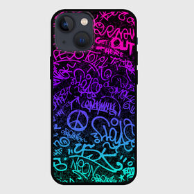 Чехол для iPhone 13 mini с принтом Граффити Neon в городе Новоалтайск,  |  | blue | cyberpunk | drawing | graffiti | lettering | neon | paint | purple | text | брызги | граффити | киберпанк | краска | надписи | неон | рисунок | синий | текст | фиолетовый