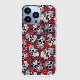 Чехол для iPhone 13 Pro с принтом Тату черепа и розы в городе Новоалтайск,  |  | Тематика изображения на принте: деньмертвых | красная | крест | кресты | лепестки | листья | маски | мексика | мексиканская | мертвые | паттерн | разноцветная | роза | розочки | розы | тату | татуировки | татухи | узоры | цветы | череп
