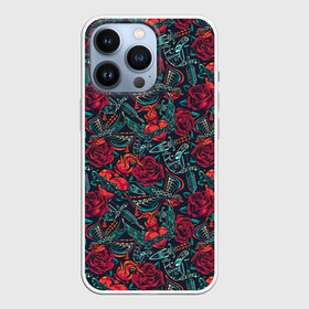 Чехол для iPhone 13 Pro с принтом Тату узор розы и машинки в городе Новоалтайск,  |  | венец | венок | кинжал | ласточки | лепестки | ножи | огонь | паттерн | пламя | роза | розы | сердечки | сердце | татумашинка | терновый | узор