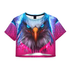Женская футболка Crop-top 3D с принтом Взгляд орла (Eagle gaze) в городе Новоалтайск, 100% полиэстер | круглая горловина, длина футболки до линии талии, рукава с отворотами | альтаир | америка | белгород | беркут | взгляд | герб | глаз | глаза | гнездо | город | дальнозоркость | зоркость | клюв | крыло | крылья | лира | монета | монтана | небо | нос | ореол | орлов | перо | полёт