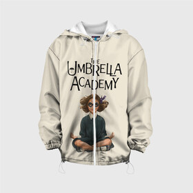Детская куртка 3D с принтом The umbrella academy в городе Новоалтайск, 100% полиэстер | застежка — молния, подол и капюшон оформлены резинкой с фиксаторами, по бокам — два кармана без застежек, один потайной карман на груди, плотность верхнего слоя — 90 г/м2; плотность флисового подклада — 260 г/м2 | dark horse comics | netflix | the umbrella academy | umbrella | академия амбрелла | белая скрипка | бен харгривз | комикс | комильфо | космобой | кракен | реджинальд харгривз | сеанс | слух