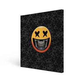 Холст квадратный с принтом Смайлик на черепе (Emoji) в городе Новоалтайск, 100% ПВХ |  | аська | весёлый | гамлет | голова | графика | жёлтый | иконка | колобок | кости | кость | круг | мозг | настроение | печаль | печалька | пираты | радость | родже | рожица | скелет | скобка | смайл | смех