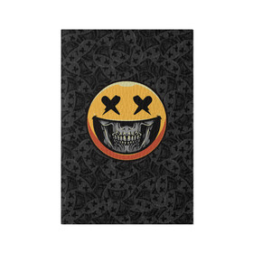Обложка для паспорта матовая кожа с принтом Смайлик на черепе (Emoji) в городе Новоалтайск, натуральная матовая кожа | размер 19,3 х 13,7 см; прозрачные пластиковые крепления | аська | весёлый | гамлет | голова | графика | жёлтый | иконка | колобок | кости | кость | круг | мозг | настроение | печаль | печалька | пираты | радость | родже | рожица | скелет | скобка | смайл | смех