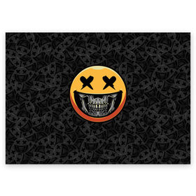 Поздравительная открытка с принтом Смайлик на черепе (Emoji) в городе Новоалтайск, 100% бумага | плотность бумаги 280 г/м2, матовая, на обратной стороне линовка и место для марки
 | аська | весёлый | гамлет | голова | графика | жёлтый | иконка | колобок | кости | кость | круг | мозг | настроение | печаль | печалька | пираты | радость | родже | рожица | скелет | скобка | смайл | смех