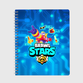 Тетрадь с принтом Вольт - Brawl Stars в городе Новоалтайск, 100% бумага | 48 листов, плотность листов — 60 г/м2, плотность картонной обложки — 250 г/м2. Листы скреплены сбоку удобной пружинной спиралью. Уголки страниц и обложки скругленные. Цвет линий — светло-серый
 | Тематика изображения на принте: bolt | surge | volt | бравл | бравлер | бравлпасс | бравлстарс | бравлстарс игра | бравлы | новый перс | перс бравл | робот | сурдж | сурж