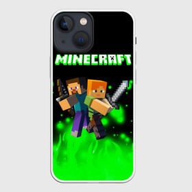 Чехол для iPhone 13 mini с принтом Майнкрафт герои в городе Новоалтайск,  |  | creeper | dungeons | minecraft | play | бой | герои | детские | драка | инди | компьютерные | крипер | куб | логотипигры | майнкрафт | мальчикам | мечи | мобы | неоновые | огонь | персонажи | песочница | пламя
