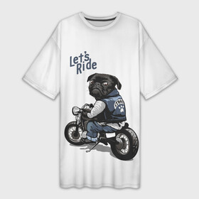 Платье-футболка 3D с принтом Pug Rider | Байкер Мопс (Z) в городе Новоалтайск,  |  | dog | doggie | doggy | mops | pug | декоративная собака | друг человека | другу | кинолог | лабрадор | малые молоссоиды | мопс | мопсик | мохнатый | пес | пёсель | пёсик | подарок | подруге | собака | собакен | собаки