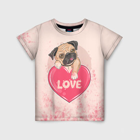 Детская футболка 3D с принтом Love Pug (Z) в городе Новоалтайск, 100% гипоаллергенный полиэфир | прямой крой, круглый вырез горловины, длина до линии бедер, чуть спущенное плечо, ткань немного тянется | dog | doggie | doggy | mops | pug | декоративная собака | друг человека | другу | кинолог | лабрадор | малые молоссоиды | мопс | мопсик | мохнатый | пес | пёсель | пёсик | подарок | подруге | собака | собакен | собаки