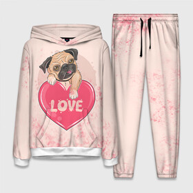 Женский костюм 3D (с толстовкой) с принтом Love Pug | Люблю мопса (Z) в городе Новоалтайск,  |  | dog | doggie | doggy | mops | pug | декоративная собака | друг человека | другу | кинолог | лабрадор | малые молоссоиды | мопс | мопсик | мохнатый | пес | пёсель | пёсик | подарок | подруге | собака | собакен | собаки