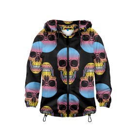 Детская ветровка 3D с принтом Neon skull в городе Новоалтайск, 100% полиэстер | подол и капюшон оформлены резинкой с фиксаторами, по бокам два кармана без застежек, один потайной карман на груди | color | grin | jaw | neon | skull | teeth | неон | оскал | пасть | цвет | череп