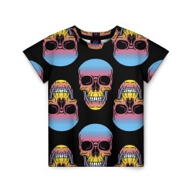 Детская футболка 3D с принтом Neon skull в городе Новоалтайск, 100% гипоаллергенный полиэфир | прямой крой, круглый вырез горловины, длина до линии бедер, чуть спущенное плечо, ткань немного тянется | Тематика изображения на принте: color | grin | jaw | neon | skull | teeth | неон | оскал | пасть | цвет | череп