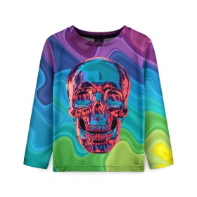 Детский лонгслив 3D с принтом Color skull в городе Новоалтайск, 100% полиэстер | длинные рукава, круглый вырез горловины, полуприлегающий силуэт
 | color | jaw | neon | skull | teeth | vanguard | авангард | зубы | неон | пасть | цвет | череп