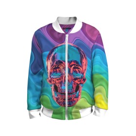 Детский бомбер 3D с принтом Color skull в городе Новоалтайск, 100% полиэстер | застегивается на молнию, по бокам два кармана без застежек, мягкие манжеты, по низу бомбера и на воротнике — эластичная резинка | color | jaw | neon | skull | teeth | vanguard | авангард | зубы | неон | пасть | цвет | череп
