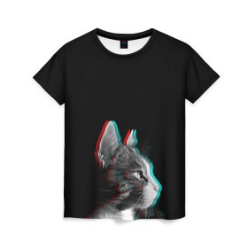 Женская футболка 3D с принтом Glitch Cat в городе Новоалтайск, 100% полиэфир ( синтетическое хлопкоподобное полотно) | прямой крой, круглый вырез горловины, длина до линии бедер | glitch | glitch cat | rgb | глитч | глич | катята | кошак | кошка | ретро кошки
