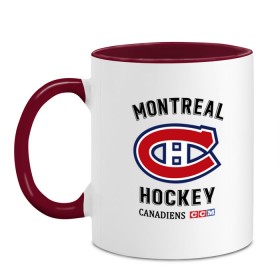 Кружка двухцветная с принтом MONTREAL CANADIENS в городе Новоалтайск, керамика | объем — 330 мл, диаметр — 80 мм. Цветная ручка и кайма сверху, в некоторых цветах — вся внутренняя часть | Тематика изображения на принте: canadiens | hockey | montreal | nhl | sport | usa | канада | клюшки | монреаль | нхл | спорт | хоккей | шайбу