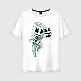 Женская футболка хлопок Oversize с принтом MARSHMELLO & FORTNITE в городе Новоалтайск, 100% хлопок | свободный крой, круглый ворот, спущенный рукав, длина до линии бедер
 | fortnite | game | game fortnite | marshmello | music | зефир | зефирка | игра | игра фортнайт | лого | лого marshmello | лого маршмеллоу | логотип | логотип marshmello | логотип маршмеллоу | маршиеллоу | маска | музыка | музыкант
