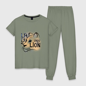 Женская пижама хлопок с принтом LADY LION в городе Новоалтайск, 100% хлопок | брюки и футболка прямого кроя, без карманов, на брюках мягкая резинка на поясе и по низу штанин | lion | в августе | знаки зодиака | лев | лев по гороскопу | львица | подарить львице