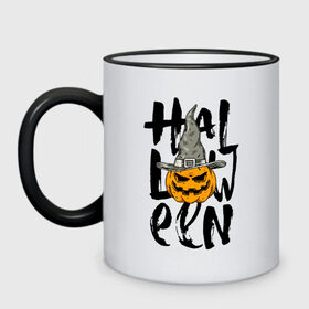 Кружка двухцветная с принтом Halloween в городе Новоалтайск, керамика | объем — 330 мл, диаметр — 80 мм. Цветная ручка и кайма сверху, в некоторых цветах — вся внутренняя часть | eyes | halloween | hat | jaw | pumpkin | smile | глаза | пасть | тыква | улыбка | хэллоуин | шляпа