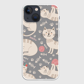 Чехол для iPhone 13 mini с принтом Милые кошечки в городе Новоалтайск,  |  | арт | венок | клубок | клубок ниток | клубочек | кот | кошечка | кошка | кошка в венке | кошка играет | лапки | милая кошечка | милая кошка | отпечатки | отпечатки лап | рисунок | рыбка | серая кошка