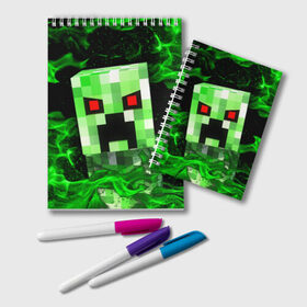 Блокнот с принтом MINECRAFT CREEPER в городе Новоалтайск, 100% бумага | 48 листов, плотность листов — 60 г/м2, плотность картонной обложки — 250 г/м2. Листы скреплены удобной пружинной спиралью. Цвет линий — светло-серый
 | Тематика изображения на принте: creeper | game | minecraft | блоки | игра | квадраты | компьютерная | крипер | криппер | майнкрафт | огонь