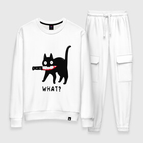 Женский костюм хлопок с принтом WHAT & CAT в городе Новоалтайск, 100% хлопок | на свитшоте круглая горловина, мягкая резинка по низу. Брюки заужены к низу, на них два вида карманов: два 