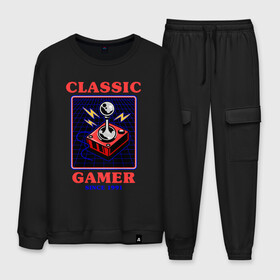 Мужской костюм хлопок с принтом Classic Gamer в городе Новоалтайск, 100% хлопок | на свитшоте круглая горловина, мягкая резинка по низу. Брюки заужены к низу, на них два вида карманов: два “обычных” по бокам и два объемных, с клапанами, расположенные ниже линии бедра. Брюки с мягкой трикотажной резинкой на поясе и по низу штанин. В поясе для дополнительного комфорта — широкие завязки | 8 bit | 8 бит | 8bit | 8бит | boomer | dendy | game | gamer | games | geek | joystick | nerd | oldschool | sega | бумер | гик | дед | денди | джойстик | для гика | для гиков | игра | игры | классика | классические | нерд | олдскул | с