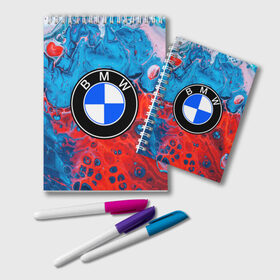 Блокнот с принтом BMW в городе Новоалтайск, 100% бумага | 48 листов, плотность листов — 60 г/м2, плотность картонной обложки — 250 г/м2. Листы скреплены удобной пружинной спиралью. Цвет линий — светло-серый
 | Тематика изображения на принте: bmw | автомобиль | беха | бмв | брызги | дава | логотип | машина | серега | цветные брызги | черный бумер
