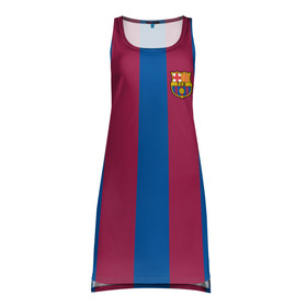 Платье-майка 3D с принтом FC Barcelona 20/21 в городе Новоалтайск, 100% полиэстер | полуприлегающий силуэт, широкие бретели, круглый вырез горловины, удлиненный подол сзади. | barcelona | champions | fc | fc barcelona 20 21 | fcb | football club | league | lionel | messi | spain | sport | барселона | испания | лига | лионель | месси | спортивные | униформа | фирменые цвета | фк | футбольный клуб | чемпионов