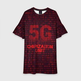 Детское платье 3D с принтом 5G Chipization unit в городе Новоалтайск, 100% полиэстер | прямой силуэт, чуть расширенный к низу. Круглая горловина, на рукавах — воланы | 5g | 5г | covid | covid 19 | sign | джи | заговора | заговоров | запрещающий | знак | излучение | коронавирус | лучи | облучение | остановите | остановите чипирование | против | противник | противники | пять