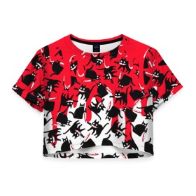 Женская футболка Crop-top 3D с принтом WHAT CAT в городе Новоалтайск, 100% полиэстер | круглая горловина, длина футболки до линии талии, рукава с отворотами | art | black | black cat | cat | dark | dark cat | what | what cat | what mem | арт | вопрос | интернет мем | кот | кот арт | кот мем | кошачье лицо | кошачья мордочка | мем | нож | прикол | прикольный кот | убица | чёрный | чёрный кот