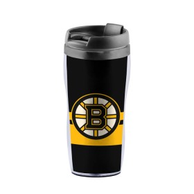 Термокружка-непроливайка с принтом BOSTON BRUINS NHL в городе Новоалтайск, внутренняя часть — пищевой пластик, наружная часть — прозрачный пластик, между ними — полиграфическая вставка с рисунком | объем — 350 мл, герметичная крышка | black | boston | bruins | hockey | ice | logo | nhl | sport | usa | бостон | брюинз | логотип | нхл | спорт | хоккей