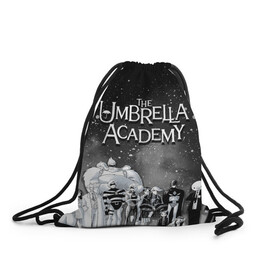 Рюкзак-мешок 3D с принтом The Umbrella Academy в городе Новоалтайск, 100% полиэстер | плотность ткани — 200 г/м2, размер — 35 х 45 см; лямки — толстые шнурки, застежка на шнуровке, без карманов и подкладки | Тематика изображения на принте: the umbrella academy | umbrella | академия амбрелла | амбрелла | герб | зонтик