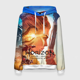 Женская толстовка 3D с принтом Horizon Forbidden West в городе Новоалтайск, 100% полиэстер  | двухслойный капюшон со шнурком для регулировки, мягкие манжеты на рукавах и по низу толстовки, спереди карман-кенгуру с мягким внутренним слоем. | aloy | guerrilla games | horizon forbidden west | hunt | zero dawn | горизонт | запретный запад | игры | нулевой рассвет | охота | элой