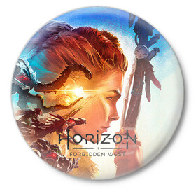 Значок с принтом Horizon Forbidden West в городе Новоалтайск,  металл | круглая форма, металлическая застежка в виде булавки | Тематика изображения на принте: aloy | guerrilla games | horizon forbidden west | hunt | zero dawn | горизонт | запретный запад | игры | нулевой рассвет | охота | элой