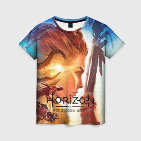 Женская футболка 3D с принтом Horizon Forbidden West в городе Новоалтайск, 100% полиэфир ( синтетическое хлопкоподобное полотно) | прямой крой, круглый вырез горловины, длина до линии бедер | aloy | guerrilla games | horizon forbidden west | hunt | zero dawn | горизонт | запретный запад | игры | нулевой рассвет | охота | элой