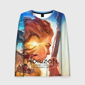Женский лонгслив 3D с принтом Horizon Forbidden West в городе Новоалтайск, 100% полиэстер | длинные рукава, круглый вырез горловины, полуприлегающий силуэт | aloy | guerrilla games | horizon forbidden west | hunt | zero dawn | горизонт | запретный запад | игры | нулевой рассвет | охота | элой