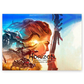 Поздравительная открытка с принтом Horizon Forbidden West в городе Новоалтайск, 100% бумага | плотность бумаги 280 г/м2, матовая, на обратной стороне линовка и место для марки
 | Тематика изображения на принте: aloy | guerrilla games | horizon forbidden west | hunt | zero dawn | горизонт | запретный запад | игры | нулевой рассвет | охота | элой