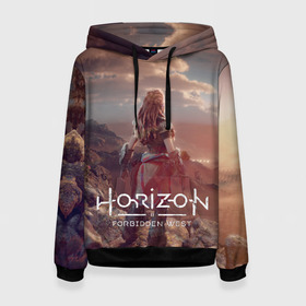 Женская толстовка 3D с принтом Horizon Forbidden West в городе Новоалтайск, 100% полиэстер  | двухслойный капюшон со шнурком для регулировки, мягкие манжеты на рукавах и по низу толстовки, спереди карман-кенгуру с мягким внутренним слоем. | aloy | guerrilla games | horizon forbidden west | hunt | zero dawn | горизонт | запретный запад | игры | нулевой рассвет | охота | элой